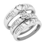 0.15 Carat (ctw) Round Diamond Men's & Women's Claddagh Engagement Ring Trio Set 10K White Gold