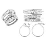 0.15 Carat (ctw) Round Diamond Men's & Women's Claddagh Engagement Ring Trio Set 10K White Gold