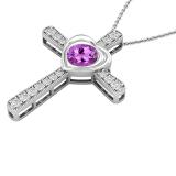 8 mm Round Amethyst & With Natural White Diamond Ladies Heart Cross Pendant, 18K White Gold