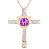 8 mm Round Amethyst & With Natural White Diamond Ladies Heart Cross Pendant, 18K Rose Gold