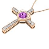 8 mm Round Amethyst & With Natural White Diamond Ladies Heart Cross Pendant, 18K Rose Gold
