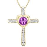 8 mm Round Amethyst & With Natural White Diamond Ladies Heart Cross Pendant, 18K Yellow Gold