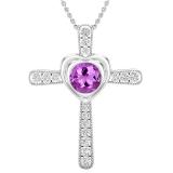 8 mm Round Amethyst & With Natural White Diamond Ladies Heart Cross Pendant, Sterling Silver