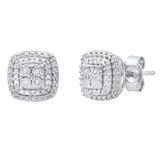 0.10 Carat (ctw) Round Diamond Ladies Double Cushion Frame Stud Earrings 1/10 CT Sterling Silver