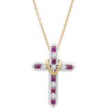 Round Ruby & White Sapphire Ladies Heart And Cross Pendant, 14K White & Yellow Gold