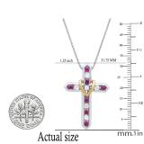 Round Ruby & White Sapphire Ladies Heart And Cross Pendant, Yellow Gold Plated Sterling Silver