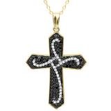 0.60 Carat (ctw) Round Black & White Diamond Mens Ladies Unisex Cross Pendant, 18K Yellow Gold