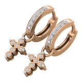 0.15 Carat (ctw) Round White Diamond Ladies Cross Huggies Hoop Dangle Earrings 18K Rose Gold