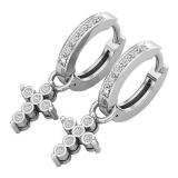 0.15 Carat (ctw) Round White Diamond Ladies Cross Huggies Hoop Dangle Earrings Sterling Silver