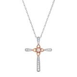 0.13 Carat (ctw) Round Diamond Ladies Cross Flower Pendant Sterling Silver and 10K Rose Gold Plate