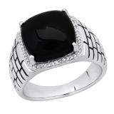 13X13 mm Cushion Cabochon Onyx & Round White Diamond Mens Anniversary Wedding Band Sterling Silver