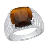 10 mm Cushion Tiger Eye Stone & Round White Diamond Mens Wedding Ring Sterling Silver