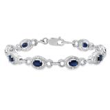 6X4 mm Oval Blue Sapphire With Round Diamond Accents Ladies Tennis Bracelet Sterling Silver