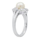 7MM Round White Freshwater Pearl With Diamond Accent Delightful Engagement Ring 925 Sterling Silver