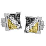 0.45 Carat (ctw) Round BlackWhite & Yellow Diamond Mens Hip Hop Iced Stud Earrings Sterling Silver