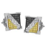 0.45 Carat (ctw) Round BlackWhite & Yellow Diamond Mens Hip Hop Iced Stud Earrings Sterling Silver