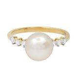 9.5 MM Round White Freshwater Pearl & Diamond Ladies Birthstone Engagement Ring 10K Yellow Gold