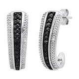 Round Black & White Diamond Accent Ladies J Shape Hoop Earrings Sterling Silver