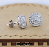 0.95 Carat (ctw) Round White Diamond Ladies Double Halo Cluster Stud Earrings 1 CT Sterling Silver