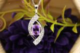 8X6 MM Oval Amethyst & Round Diamond Ladies Flame Pendant (Gold Chain Included), 10K White Gold