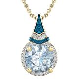 9 MM Round Blue Topaz, Round Blue & White Diamond Ladies Halo Pendant, 10K Yellow Gold