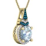 9 MM Round Blue Topaz, Round Blue & White Diamond Ladies Halo Pendant, 10K Yellow Gold