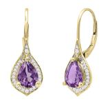 8X6 MM Pear Amethyst & Round White Diamond Ladies Teardrop Earrings 18K Yellow Gold