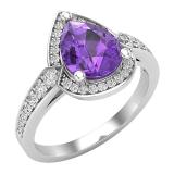 9X7 mm Pear Amethyst & Round White Diamond Ladies Halo Teardrop Engagement Ring Sterling Silver