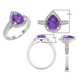 9X7 mm Pear Amethyst & Round White Diamond Ladies Halo Teardrop Engagement Ring Sterling Silver