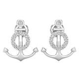 0.14 Carat (ctw) Round White Diamond Ladies Anchor Stud Earrings 14K White Gold