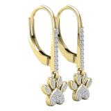 0.20 Carat (ctw) Round Diamond Ladies Cat Paw Print Dangle Earrings 1/5 CT 10K Yellow Gold