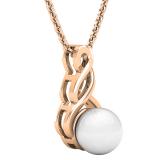 7 MM Round White Freshwater Pearl Ladies Swirl Pendant (Gold Chain Included), 18K Rose Gold