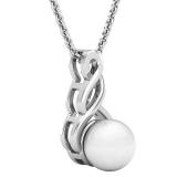 7 MM Round White Freshwater Pearl Ladies Swirl Pendant (Gold Chain Included), 18K White Gold