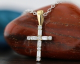 0.25 Carat (ctw) Round & Baguette Diamond Ladies Cross Religious Pendant 1/4 CT, 10K Yellow Gold