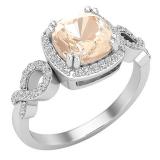 7 mm Cushion Morganite & Round White Diamond Halo Split Shank Engagement Ring Sterling Silver