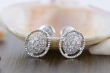 0.12 Carat (ctw) Round White Diamond Ladies Oval Shape Cluster Stud Earrings Sterling Silver