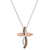 Ladies Cross Pendant with Round Diamond Accents, White & Rose Gold Plated Two Tone Sterling Silver
