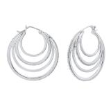 Ladies Round Shape Hoop Earrings with Round White Diamond Accents Sterling Silver