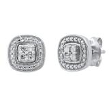 Ladies Cushion Shape Beaded Stud Earrings with Round Diamond Accents Sterling Silver