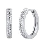 Ladies Double Row Huggies Hoop Earrings with Round Diamond Accents Sterling Silver