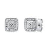 Ladies Square Shape Beaded Stud Earrings with Round Diamond Accents Sterling Silver