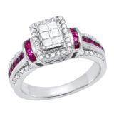 Princess Ruby with Round & Princess White Diamond Ladies Engagement Ring Sterling Silver