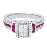 Princess Ruby with Round & Princess White Diamond Ladies Engagement Ring Sterling Silver