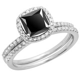2.00 Carat (ctw) Princess Black & Round White Diamond Halo Engagement Ring Set 2 CT 18K White Gold