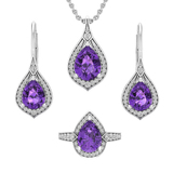 Pear Amethyst & Round White Diamond Ladies Teardrop Earrings Pendant & Ring Set 925 Sterling Silver