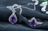 Pear Amethyst & Round White Diamond Ladies Teardrop Earrings Pendant & Ring Set 925 Sterling Silver