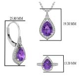 Pear Amethyst & Round White Diamond Ladies Teardrop Earrings Pendant & Ring Set 925 Sterling Silver