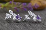 5 MM Round Amethyst & White Diamond Ladies Infinity Dangling Earrings 14K White Gold