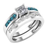 1.00 Carat (ctw) Princess White Round Blue & White Diamond Engagement Set 1 CT 14K White Gold