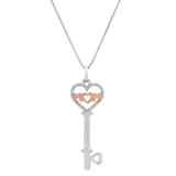 MOM Heart Key Pendant with Round Diamond Accents, White & Rose Gold Plated Two Tone Sterling Silver
